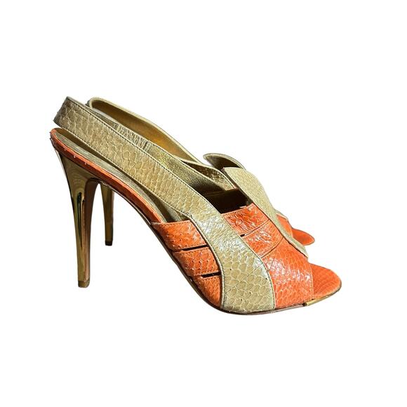 Devi kroell strappy heels in beige/tan and orange snakeskin size 37 eu 6-6.5 US - Picture 1 of 11